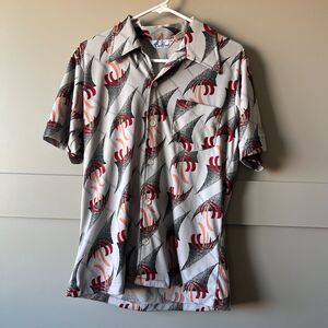 Vintage DaVinci‎ Delfina Shirt Men Medium Gray Red Palm Tree Geometric Disco 70s